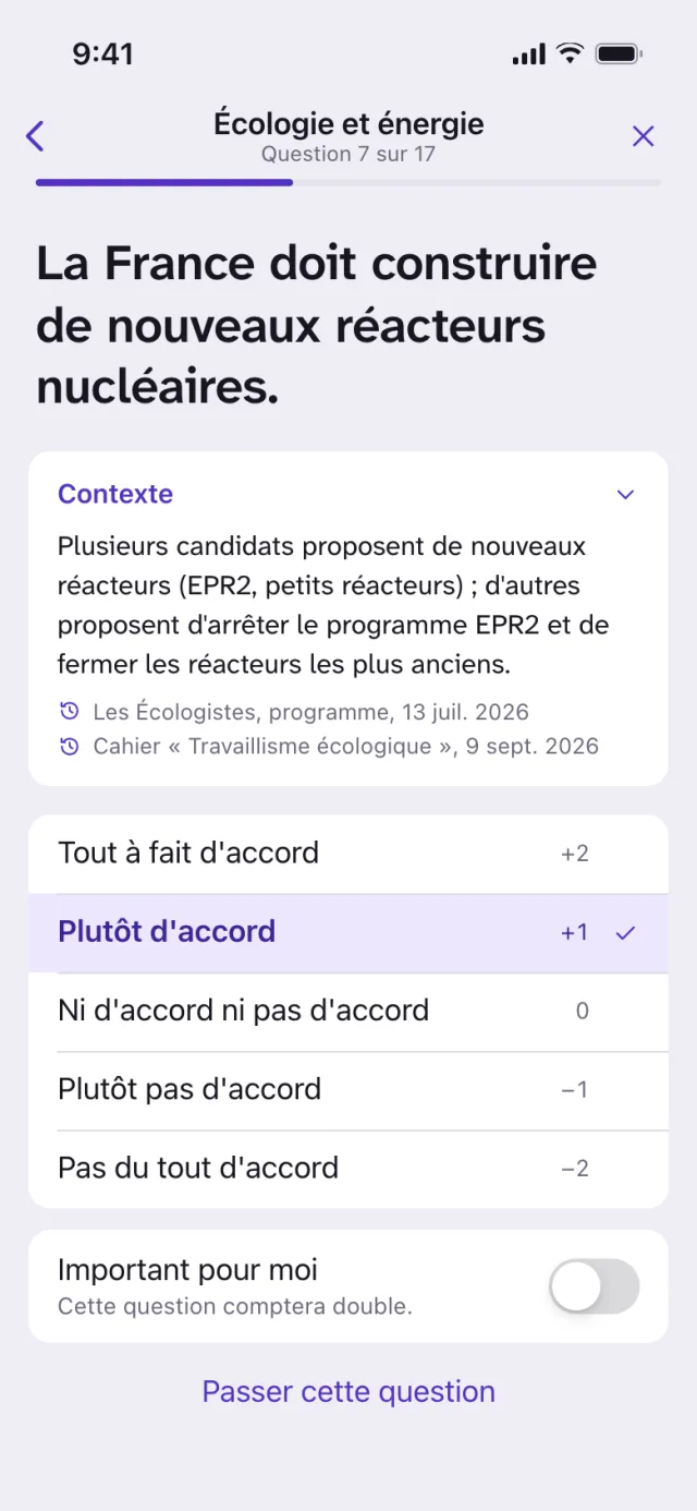 Question du test sur l'écologie et l'énergie : l'affirmation, un volet de contexte sourcé, cinq réponses de « Tout à fait d'accord » à « Pas du tout d'accord », et l'interrupteur « Important pour moi ».